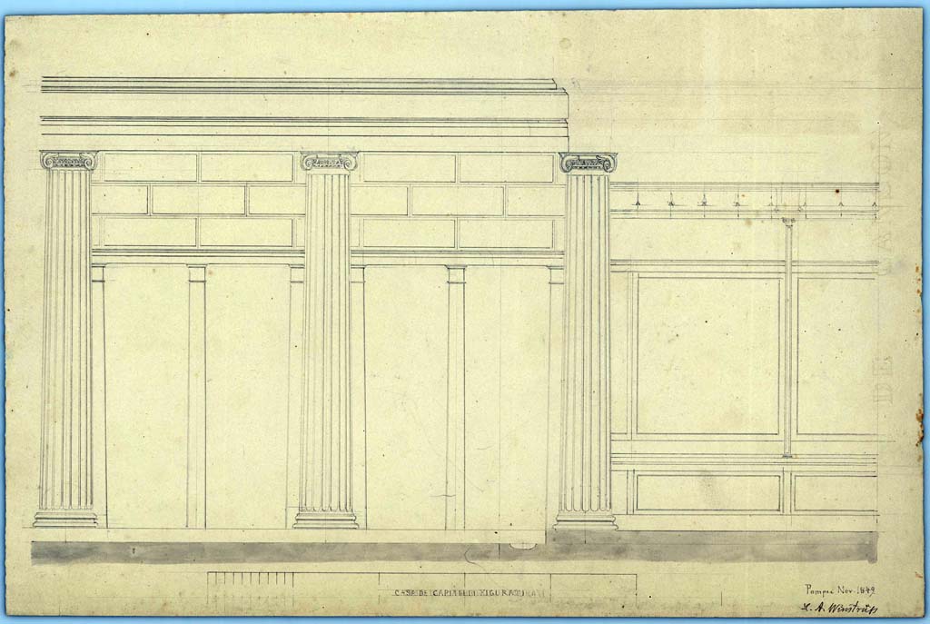 VII.4.57 Pompeii. November 1849. Peristyle.
Drawing by Laurits Albert Winstrup (1815-1889) showing the north end of the west wall but without the lararium. 
Photo © Danmarks Kunstbibliotek, inventory number ark_6186b.
See Carratelli, G. P., 1990-2003. Pompei: Pitture e Mosaici: Vol. VII. Roma: Istituto della enciclopedia italiana, p. 90, no. 42.

