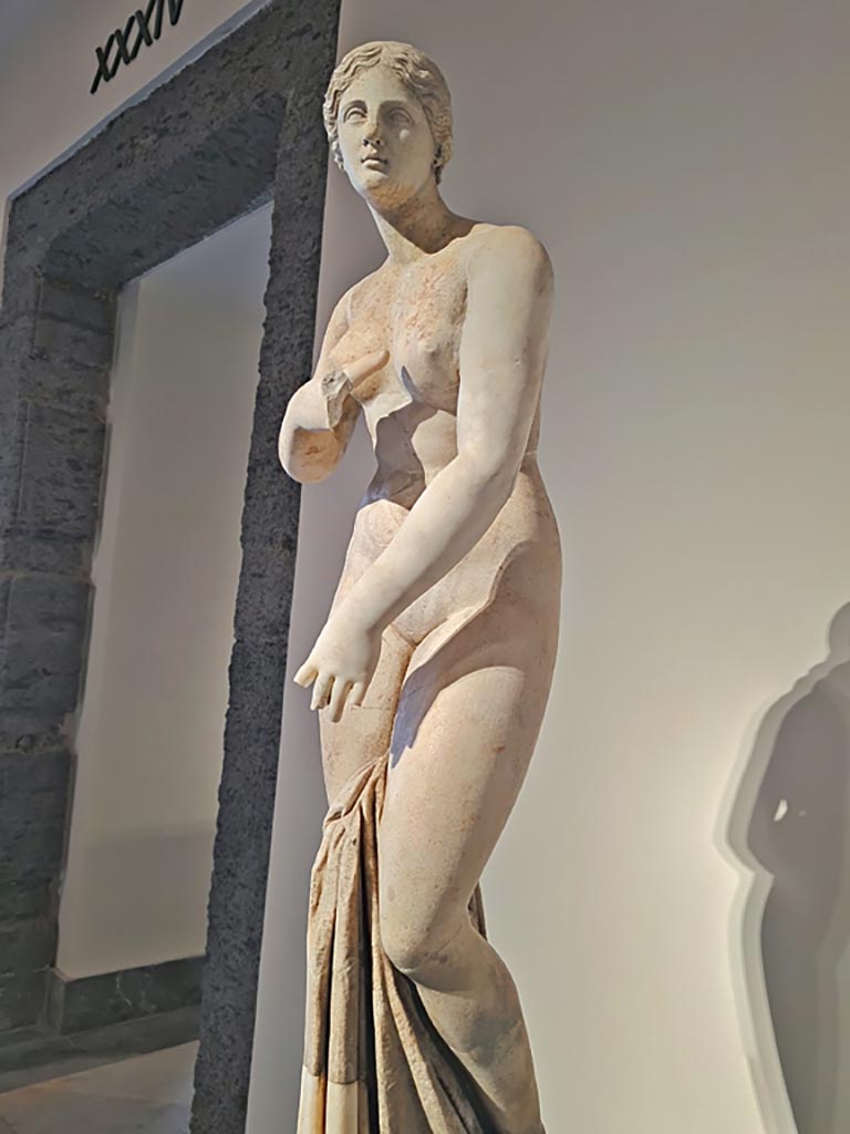 VII.7.32 Pompeii. April 2023. Detail of the white marble statue of the goddess Aphrodite.
 Photo courtesy of Giuseppe Ciaramella.

