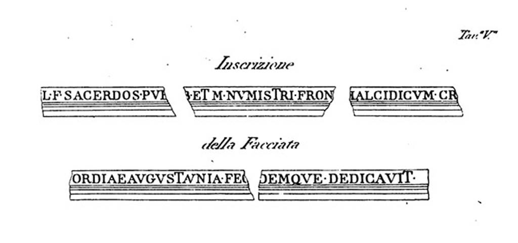 VII.8 Pompeii Forum. 1820 recording by G. Bechi of the inscription on the entablature of the portico or chalcidicum of Eumachia.
See Bechi G., 1820. Del Calcidico e della Cripta di Eumachia scavati nel Foro di Pompeji l'anno 1820, Tav. V.
