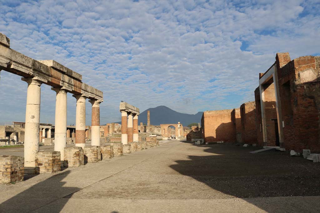 VII.8 Pompeii Forum. December 2018. 
Looking north along east side from the rear of Eumachia’s portico. Photo courtesy of Aude Durand.
