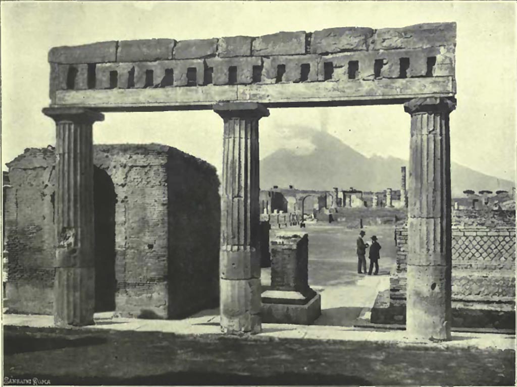 VII.8 Pompeii Forum. South side of Forum looking north from arch towards temple of Jupiter. Pre 1918 photo referred to by Van Buren.
See Van Buren, Albert William. The Arch at the South End of the Forum. Part III in Memoirs of American Academy in Rome, 1918, (pl.25,4).

