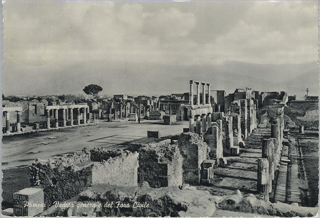 VII.8 Pompeii Forum. Postcard by R Renza dated July 1956. 
Looking south-east across the west side of the Forum, with the Temple of Apollo, on the right. Photo courtesy of Rick Bauer.
