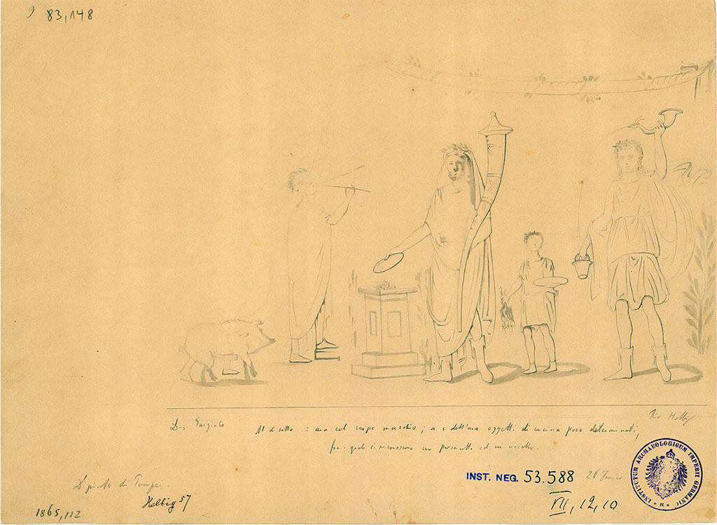 VII.12.10 Pompeii. 1865 drawing by Gargiulo of lararium painting found April 1863 on the west wall of the kitchen above the hearth.
The note on the drawing says: 
Al di sotto: ara col serpe maschio; a s. dell'ara oggetti di cucina poco determinati, fra i quali si riconoscono un prosciutto ed un uccello.
Below: altar with male snake; to the side of the altar not very determined kitchen objects, among which we recognize a ham and a bird.
DAIR 83.148. Photo  Deutsches Archologisches Institut, Abteilung Rom, Arkiv. 
According to Frhlich, this drawing showed the upper zone.
According to Boyce, it depicted the usual sacrificial scene of the Genius assisted by the tibicen, popa and camillus.
The entire left side of the panel was missing.
Of the popa only one foot remained.
On each side of the central group was a Lar, of whom only the one on the right remained.
The Lar and the Genius were of the same stature.
See Boyce G. K., 1937. Corpus of the Lararia of Pompeii. Rome: MAAR 14. (p.70, no.314)
In the lower zone was a single male serpent beside an altar.
On the other side of the same altar various objects associated with the kitchen were shown.
Amongst them an eel, two hams and a bird could be distinguished.
See Frhlich, T., 1991. Lararien und Fassadenbilder in den Vesuvstdten. Mainz: von Zabern. (L.90, Taf. 44,2)
According to BdI, 1864, the painting visible in the kitchen was found in April of the last year, and was described by Reifferscheid in AdI, 1863, p.123 item T. 
There was nothing to add other than the material that covered the chest of the Lares was blue, red that wrapped around the legs, falling to green, and white cloak. 
The left part of the painting was fallen and lost. The height of the painting was around I.32m.
See Bullettino dellInstituto di Corrispondenza Archeologica (DAIR), 1864, p.115 (described as Casa III).
