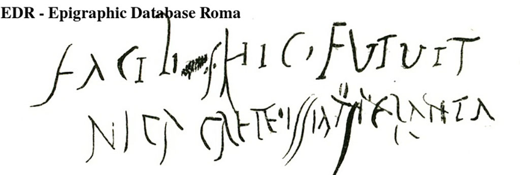 VII.12.18 Pompeii. Graffito on plastered wall of prostitute’s room.
According to the Epigraphic Database Roma these read:
Facilis hic futuit      [CIL IV 2178]
Nica Crete issime      [CIL IV 2178a]
Photo courtesy of Epigraphic Database Roma.
