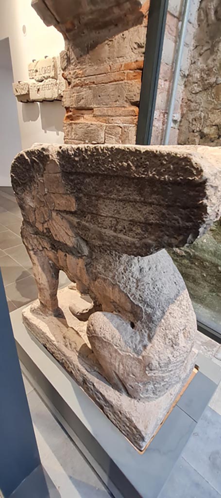 VIII.1.4 Pompeii. April 2022.
Detail of rear of tufa sphynx-shaped tombstone. Photo courtesy of Giuseppe Ciaramella.
