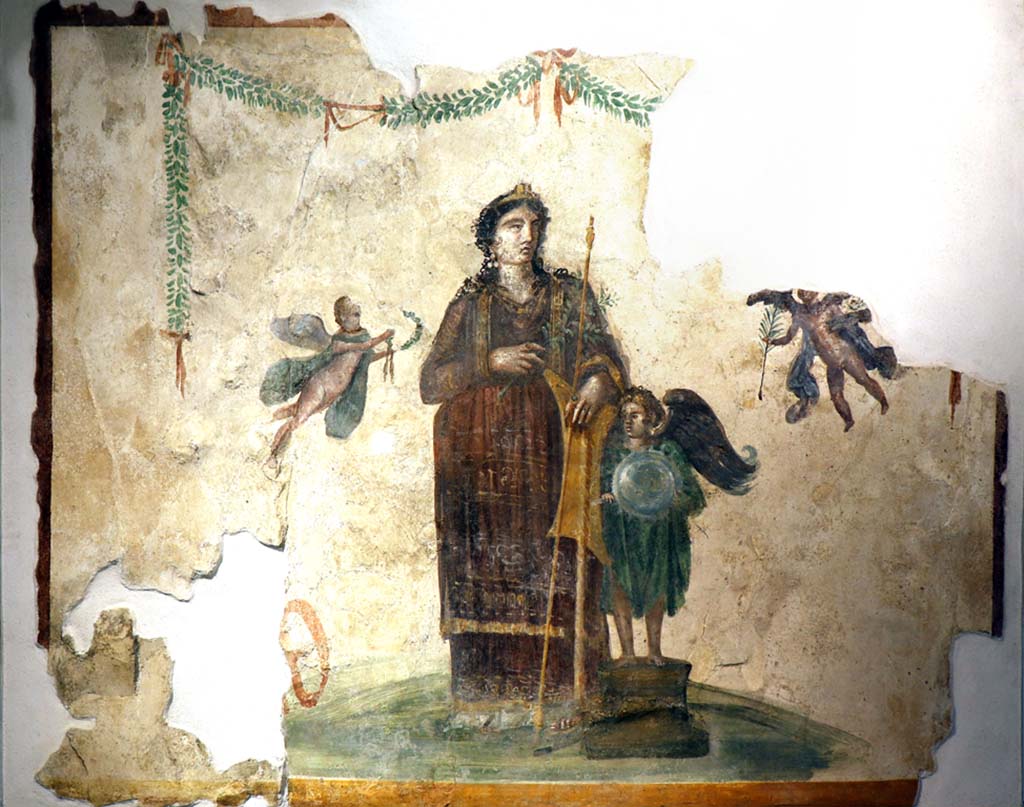 VIII.1.4 Pompeii. February 2021. Fresco of Venus Pompeiana with cupid, from IX.7.1 on Via dell’Abbondanza.
Photo courtesy of Fabien Bièvre-Perrin (CC BY-NC-SA).
