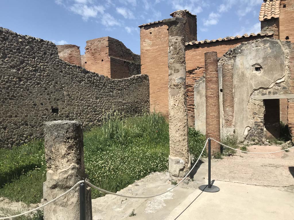 VIII.2.13 Pompeii. April 2019. Looking north-west across portico outside tablinum towards doorway linking with VIII.2.12, on right. 
Photo courtesy of Rick Bauer. 

