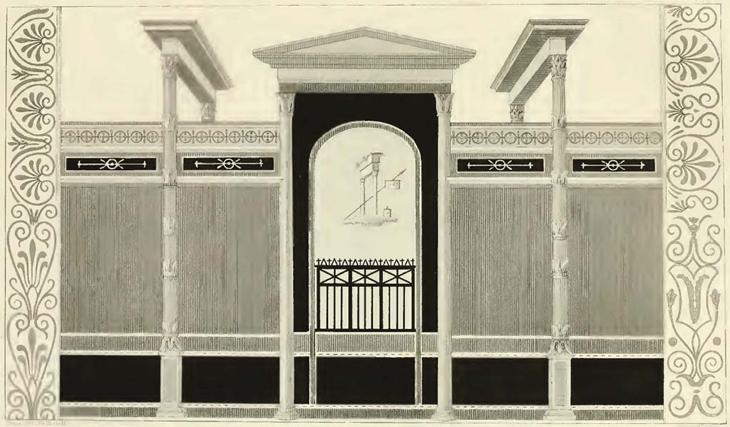According to Gell in Pompeiana 
The Plate No. V. is taken from the wall of an apartment in this quarter, and is given principally on account of the practicability of its application to modern decoration. It might make a beautiful library, with a mirror in the centre, vases arranged on the top, and maps to be drawn down from the frieze: books might occupy the space under the red curtains, and archives etc., the base.
See Gell, W, 1832. Pompeiana: Vol 1. London: Jennings and Chaplin, (p. 7, and Pl. V).
