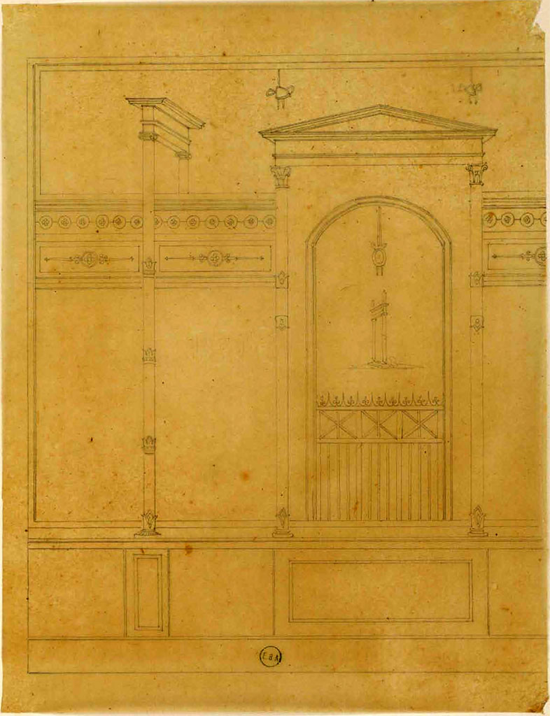 Pompeii. 19th century drawing of part of a wall, by Jean-Baptiste Ciceron Lesueur.
See Lesueur, Jean-Baptiste Ciceron. Voyage en Italie de Jean-Baptiste Ciceron Lesueur (1794-1883), pl. 90.
See Book on INHA reference INHA NUM PC 15469 (04)   Licence Ouverte / Open Licence  Etalab
