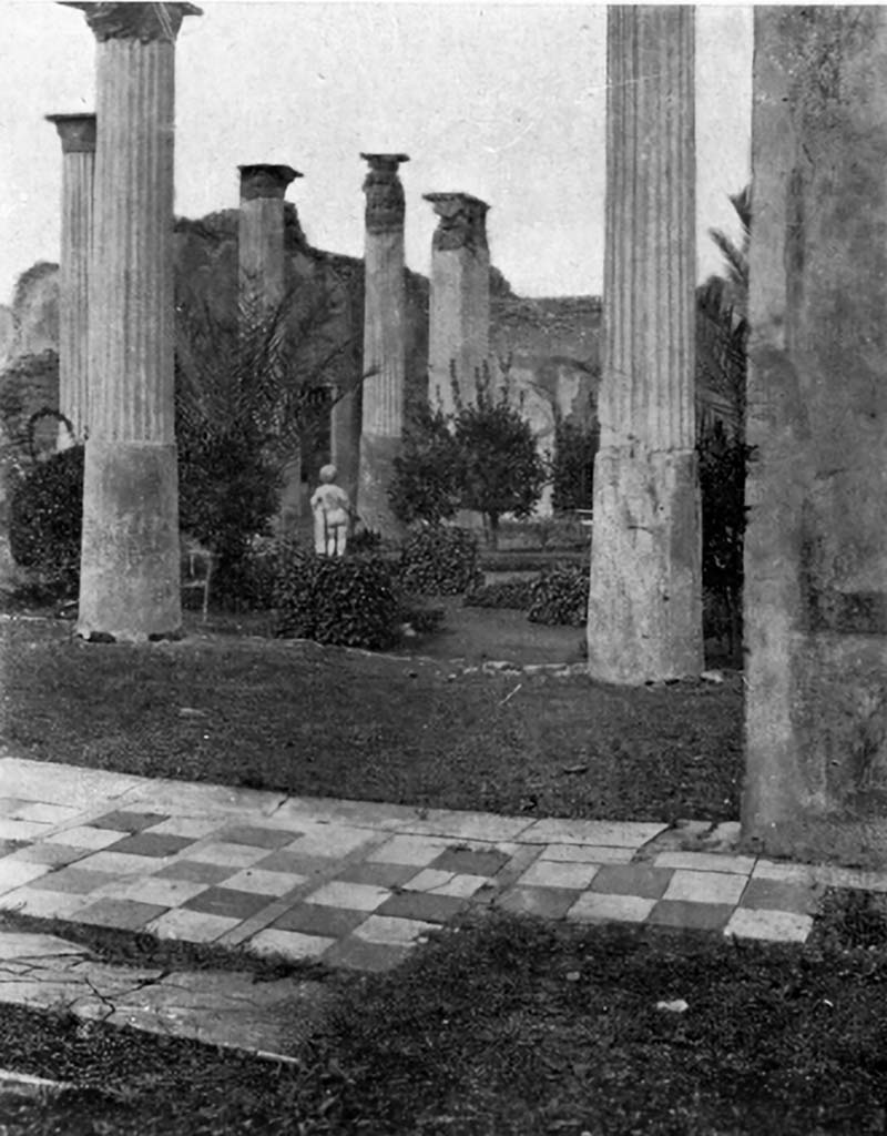 VIII.4.4 Pompeii. c.1930. Looking north from threshold doorway of exedra.
According to Blake  the threshold of the exedra uses border strips more sparingly to set off double rows of squares of contrasting materials.
See Blake, M., (1930). The pavements of the Roman Buildings of the Republic and Early Empire. Rome, MAAR, 8, (p.41, & Pl. 9, tav.1).
