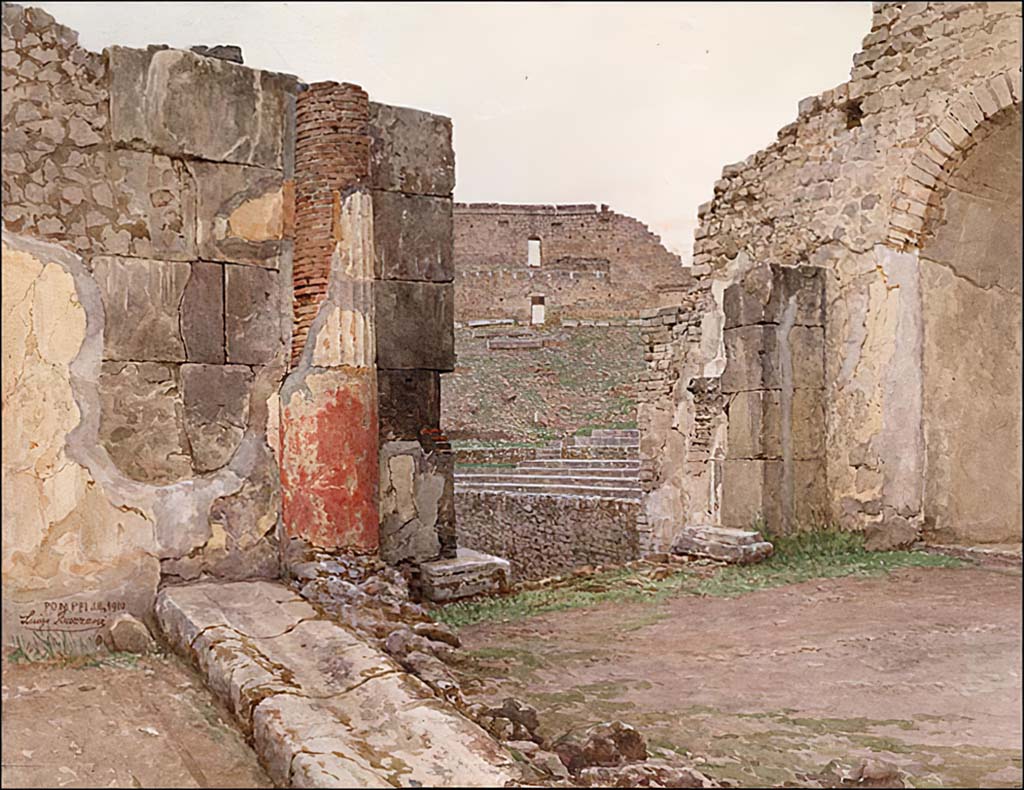 VIII.7.20 Pompeii. 1910. Watercolour by Luigi Bazzani, entrance to stage of large theatre.  

