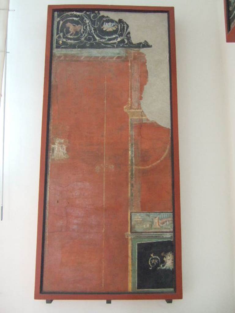 VIII.7.28 Pompeii.  Architectural painting with landscape.From panel found in feature in centre of south wall.  Now in Naples Archaeological Museum.
