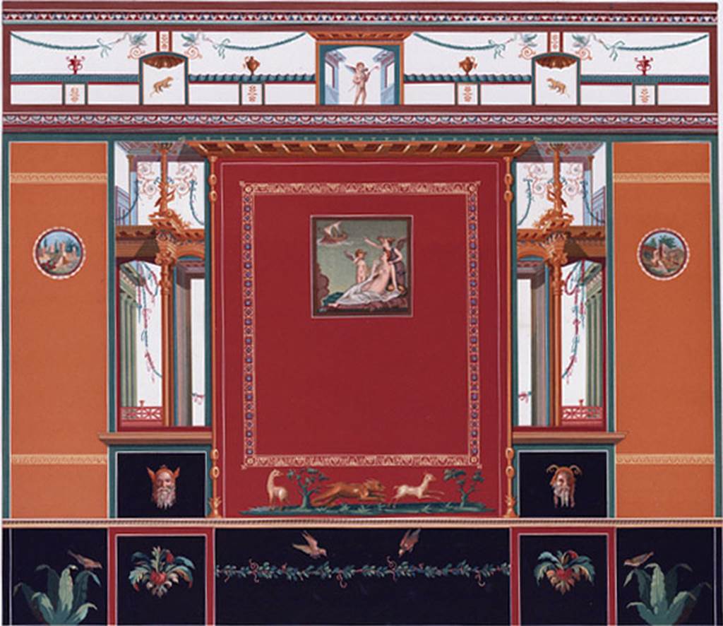 IX.2.5 Pompeii. 1886. Painting of north wall of triclinium. 
In the centre is the painting of Ariadne seated on the ground watching the ship of Theseus sailing away. 
Nemesis is at her shoulders and Cupid is turned towards her, holding his bow and wiping away his tears.
See DAmelio P., 1886. Dipinti Murali di Pompei.  Naples: Richter. Pl. V.
According to PPM this is not completely faithful in some particulars.
See Pompei: Pitture e Mosaici, Vol. VIII, Roma: Istituto della enciclopedia italiana, p. 1055.
