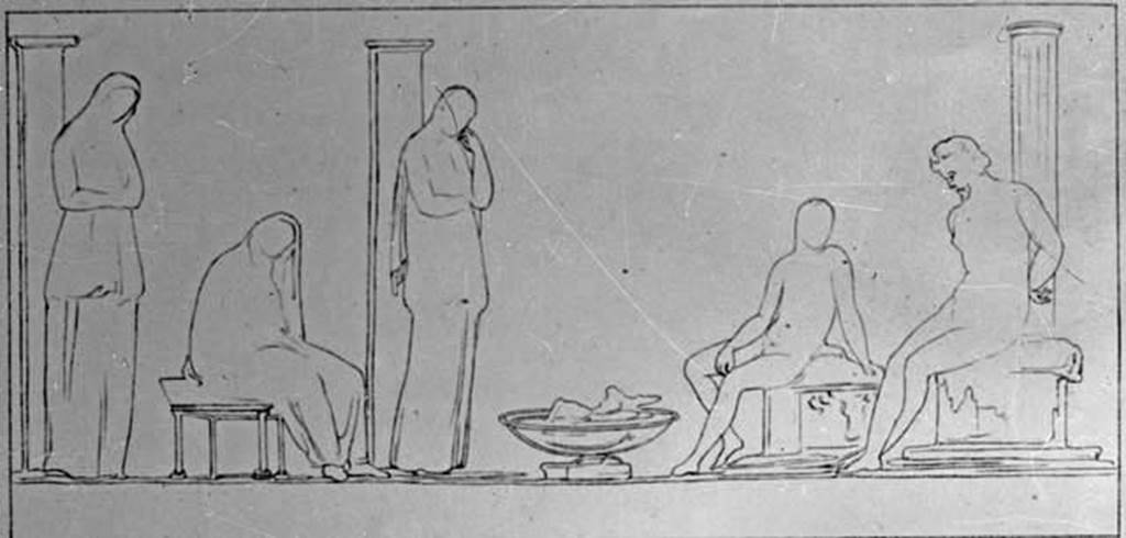 IX.2.16 Pompeii. W.362. Drawing of wall painting showing Orestes and Pylades, from the south wall. 
Photo by Tatiana Warscher. Photo  Deutsches Archologisches Institut, Abteilung Rom, Arkiv. 
See http://arachne.uni-koeln.de/item/marbilderbestand/230735 
Three women and two men. The bearded man on the right, next to the column, has his hands tied behind his back. 
See Helbig, W., 1868. Wandgemlde der vom Vesuv verschtteten Stdte Campaniens. Leipzig: Breitkopf und Hrtel. (1401b item 1).
See Schefold, K., 1957. Die Wnde Pompejis. Berlin: De Gruyter. (p. 242).
See Reinach S., 1922. Rpertoire de peintures grecques et romaines. Paris Leroux. Taf. 170,5.

According to Bragantini, the west wall of the cubiculum had a discoloured dado which had faded.
The middle zone of the wall was red with a central painting of Atalanta and Meleager.
In the side panels, on the purple frieze, were two paintings, on the left Paris and the hunters, on the right, Hunters and dog
The upper zone was painted with architectural designs including cariatyds, sirens and dancers.
See Bragantini, de Vos, Badoni, 1986. Pitture e Pavimenti di Pompei, Parte 3. Rome: ICCD. (p.413-4, cubicolo b)
According to Sogliano, the painting of Meleager had faded and vanished.
See Sogliano, A., 1879. Le pitture murali campane scoverte negli anni 1867-79. Napoli: Giannini. (p.89, no.509)
