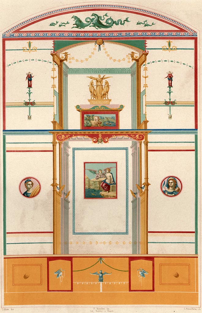 IX.3.5 Pompeii. Room 5, painting by G. Abbate of north wall.
See Niccolini F, 1854. Le case ed i monumenti di Pompei: Volume Primo. Napoli, (Casa di Marco Lucrezio Tav. III).
