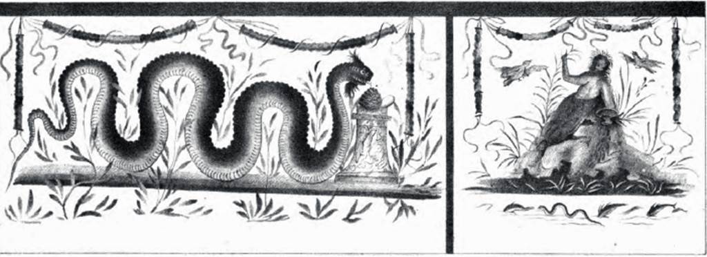 IX.3.20 Pompeii. 1871. Room 8, garden area. East wall with raised planting bed or bench. 1871 drawing of the river god Sarnus, snake and altar. According to Boyce, the lararium painting on the east wall was divided into two panels. In the panel on the right was the painting of the river god Sarnus. In the panel on the left was a single large crested and bearded serpent among plants, sliding towards an altar. The altar was painted with imitation coloured marble, and with offerings of a pine cone and an egg. See Boyce G. K., 1937. Corpus of the Lararia of Pompeii. Rome: MAAR 14. (p.84-5, 418B) See Sogliano, A., 1879. Le pitture murali campane scoverte negli anni 1867-79. Napoli: (p.16) See Notizie degli Scavi di Antichità, N.S.2, 1871, p. 134-5, Tav. V,2.
