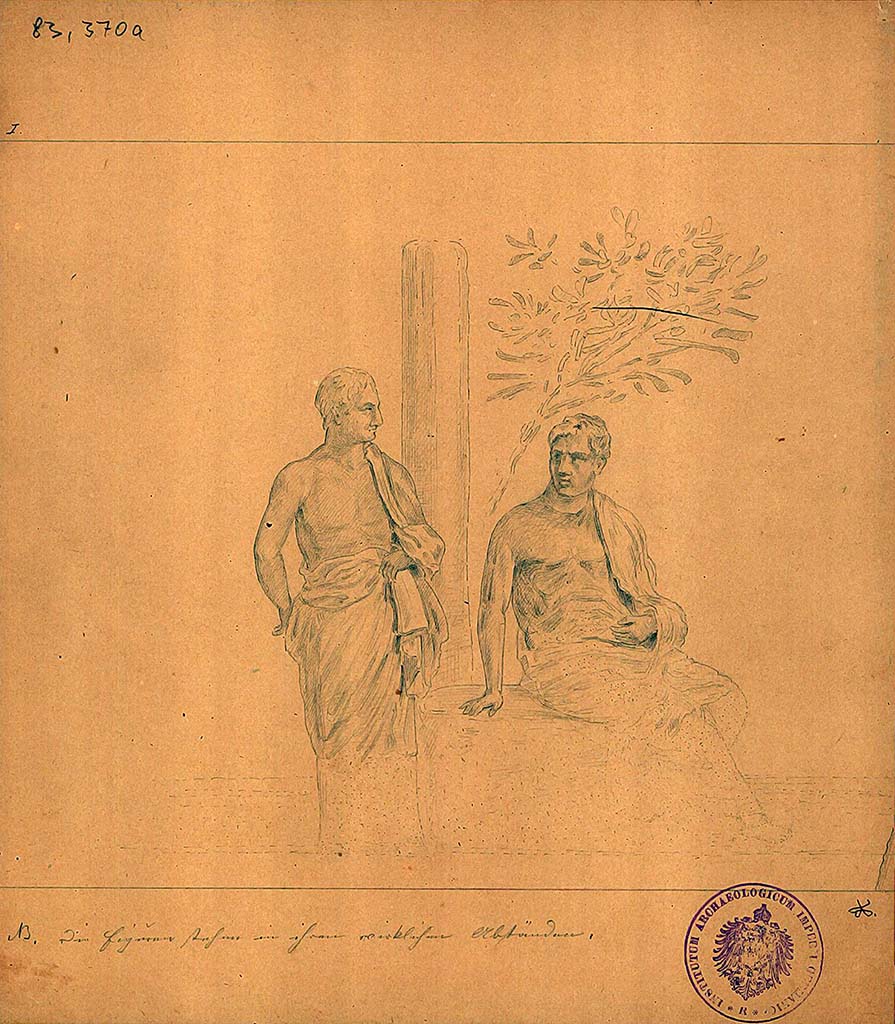 IX.8.2 Pompeii. Drawing of two philosophers one of five sketches by A. Sikkard depicting figures of philosophers.
These would have been seen on a black background, a small trace survived in the frieze on the upper east wall.
DAIR 83.370a. Photo  Deutsches Archologisches Institut, Abteilung Rom, Arkiv.
