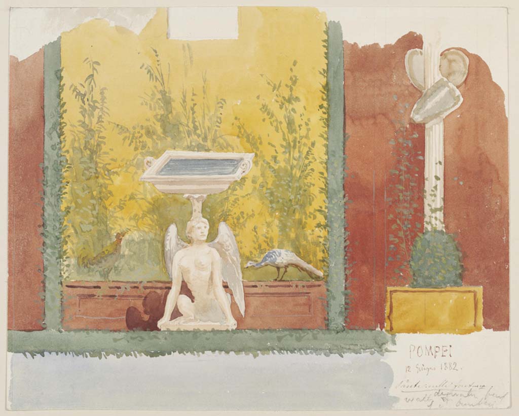 IX.8.6 Pompeii. 12th June 1882. Watercolour by Luigi Bazzani, described as wall in the fountain, detail of painted wall.
Photo  Victoria and Albert Museum. Inventory number 1078-1886.
