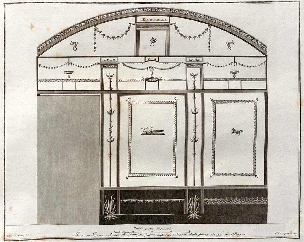 HGW24 Pompeii. Drawing by Lo Manto of a wall in the first room of the baths’ area.
See Gli Ornati delle Pareti ed I Pavimenti delle Stanze dell’Antica Pompei, 1838, (No.37)
(Villa Diomedes Project – area 9).
(Fontaine, room 3,2 in baths’ area).
