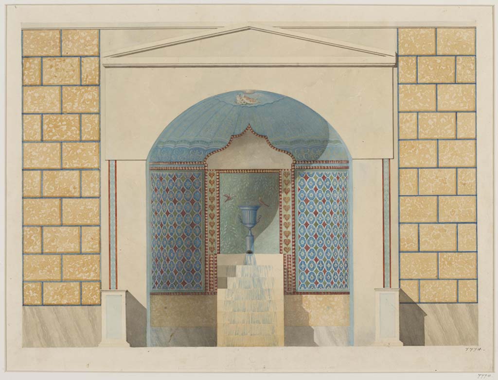 HGE12 Pompeii. Undated watercolour by Luigi Bazzani, looking east towards large niche containing smaller niche and fountain.
(This is described as being Mosaic Fountain, House of the Madusa or Medusa.) 
Photo  Victoria and Albert Museum. Inventory number 7774.
