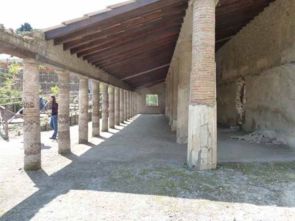 Villa of Mysteries, May 2010. Two colonnades, looking west. The one on the right is the southern large colonnade.