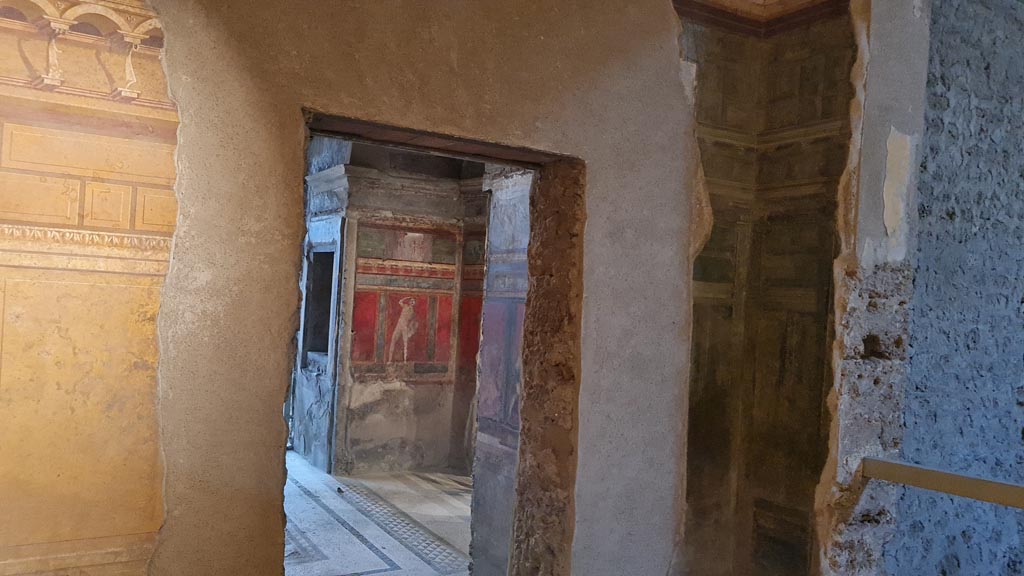 Villa of Mysteries, Pompeii. November 2023. Room 3, west wall with doorway into room 4. Photo courtesy of Giuseppe Ciaramella.