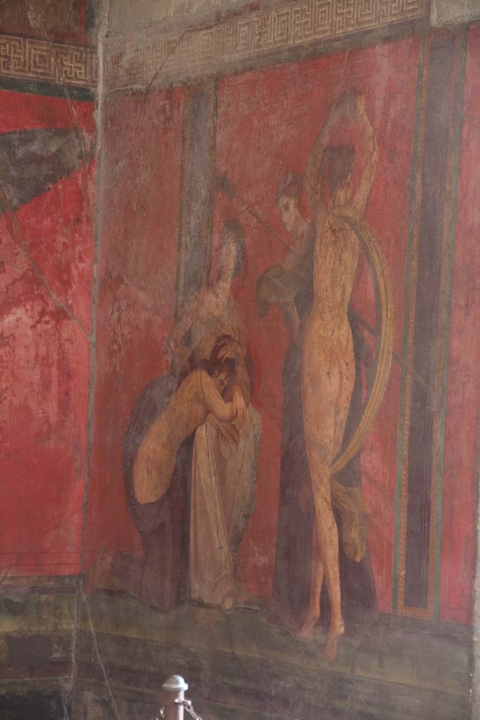 Villa of Mysteries, Pompeii. April 2014. Room 5, detail from south wall. Photo courtesy of Klaus Heese.