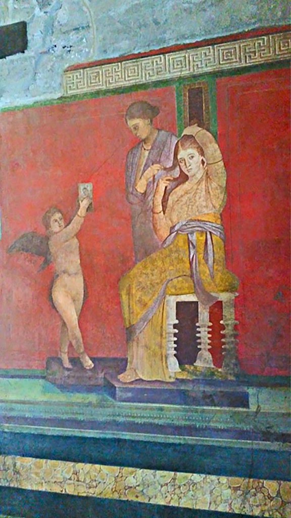 Villa of Mysteries, Pompeii. c.2015-2017. 
Room 5, detail from south wall. Photo courtesy of Giuseppe Ciaramella.
