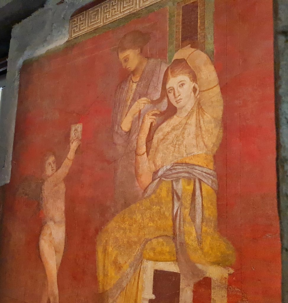 Villa of Mysteries, Pompeii. November 2023. Room 5, detail from west end of south wall. Photo courtesy of Giuseppe Ciaramella.