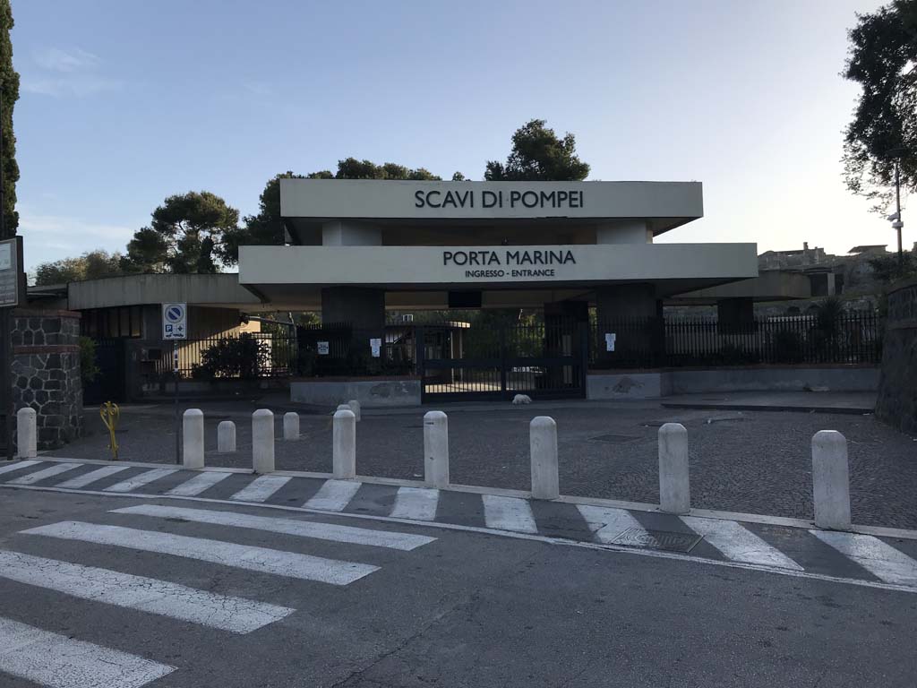 Via Villa dei Misteri. April 2019. Entrance in the early morning, just before opening time. 
Photo courtesy of Rick Bauer.
