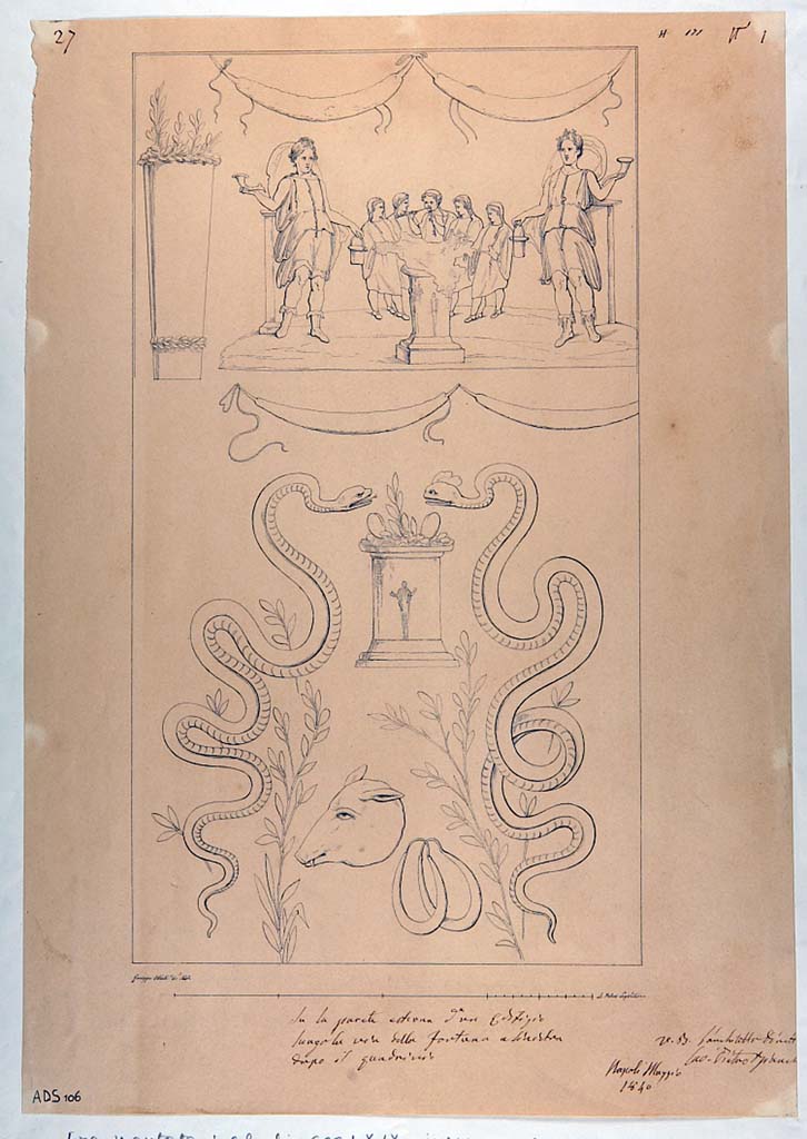Via di Nola between V.1 and V.2. 1840 drawing by G. Abbate of Lararium painting, now disappeared.
Now in Naples Archaeological Museum. Inventory number ADS 106.
According to Fröhlich, this is from the façade of an unknown house between V.1 and V.2.
The drawing depicts a lararium composed of two parts; 
The upper presents five figures arranged in a semicircle behind a figurative altar: A Tibicen, two Vicomagistri, two Togati. 
At the sides of the scene there are two larger Lares, with Rhyton and Situla in their hands. 
Two festoons suspended above and a high kàlathos filled with plants placed at the left end frame the scene. 
In the lower register, double sized compared to the offering scene, you see the two snakes (agathodemons) crawl towards the altar topped with eggs and leaves, below which is a pig's head and two sausages hanging.
See Fröhlich, T., 1991. Lararien und Fassadenbilder in den Vesuvstädten. Mainz: von Zabern, F29.
According to Helbig it decorated an edifice located in the Regio V of Pompeii, along the Via di Nola.
See Helbig, W., 1868. Wandgemälde der vom Vesuv verschütteten Städte Campaniens. Leipzig: Breitkopf und Härtel, no. 42. 
According to the ICCD database, the note on the drawing dated Maggio 1840 says the painting decorated the outer wall of a building along the Via della Fortuna on the left after the crossroads (quadrivio).
Photo © ICCD. http://www.catalogo.beniculturali.it
Utilizzabili alle condizioni della licenza Attribuzione - Non commerciale - Condividi allo stesso modo 2.5 Italia (CC BY-NC-SA 2.5 IT)
