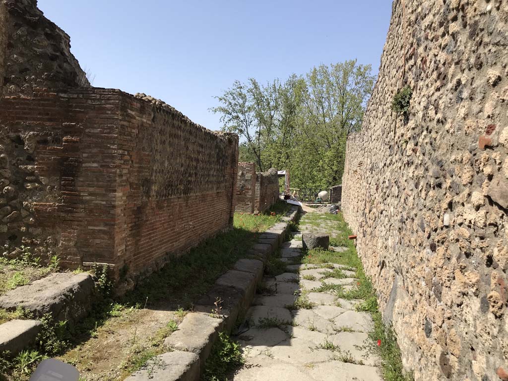 Vicolo del Gigante, between VII.16 and VII.15, April 2019.
Looking north towards junction with Vicolo dei Soprastanti, from near VII.16.14, on left. Photo courtesy of Rick Bauer.
