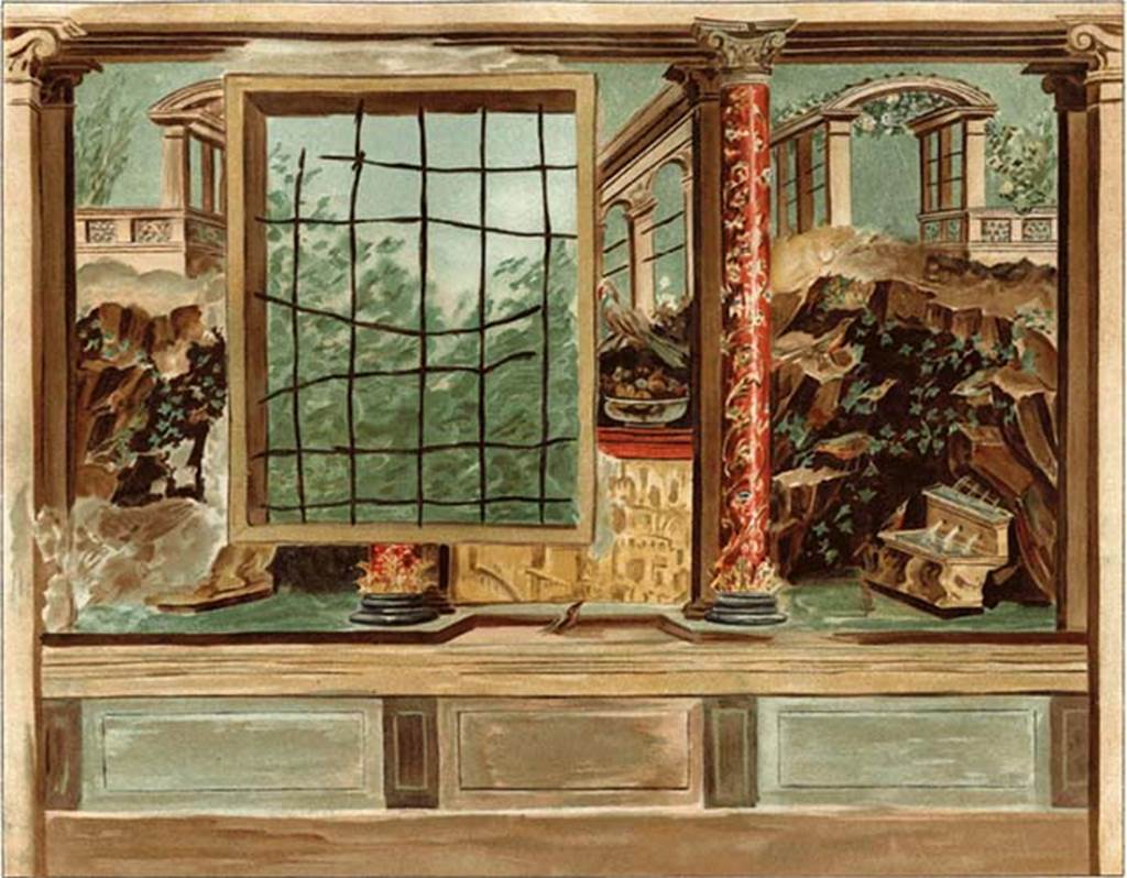 Villa of P Fannius Synistor at Boscoreale. 1903 painting. Room M, cubiculum north wall. According to Sambon this measured 3.26m by 2.45m. See Sambon A, 1903. Les Fresques de Boscoreale. Paris and Naples: Canessa. p. 24-5, pl. VIII.