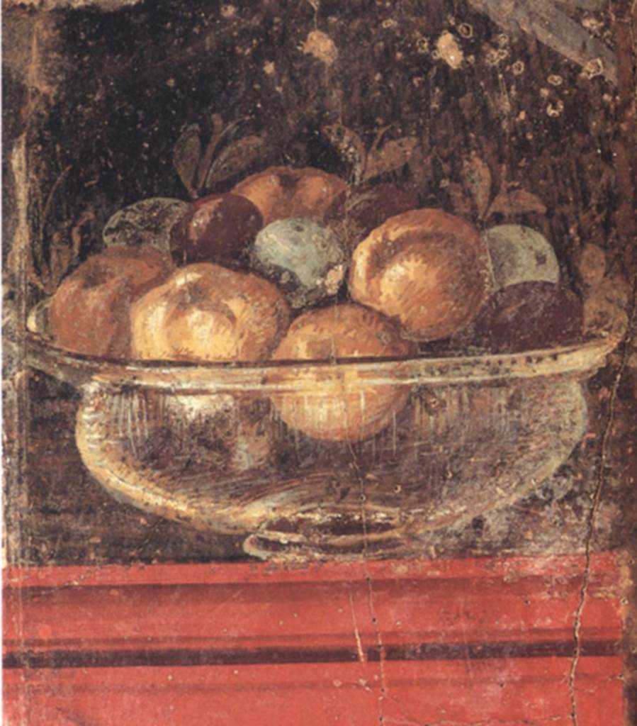 Villa of P Fannius Synistor at Boscoreale. Cubiculum M, centre of north wall. Detail of painting of glass bowl with fruit. According to Bergmann, this glass is a puzzle as the painting was made decades before such clear blown glass was first introduced to Italy. See Bergmann B., 2010, in Roman Frescoes from Boscoreale. New York: Metropolitan Museum of Art. p. 30.