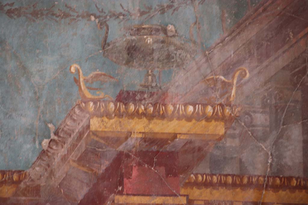 Oplontis Villa of Poppea, September 2021. Room 23, detail from upper west wall at north end. Photo courtesy of Klaus Heese.