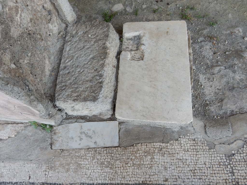 Stabiae, Secondo Complesso, June 2019. Room 12, mosaic floor and threshold on east side of doorway to room 13.
Photo courtesy of Buzz Ferebee.
