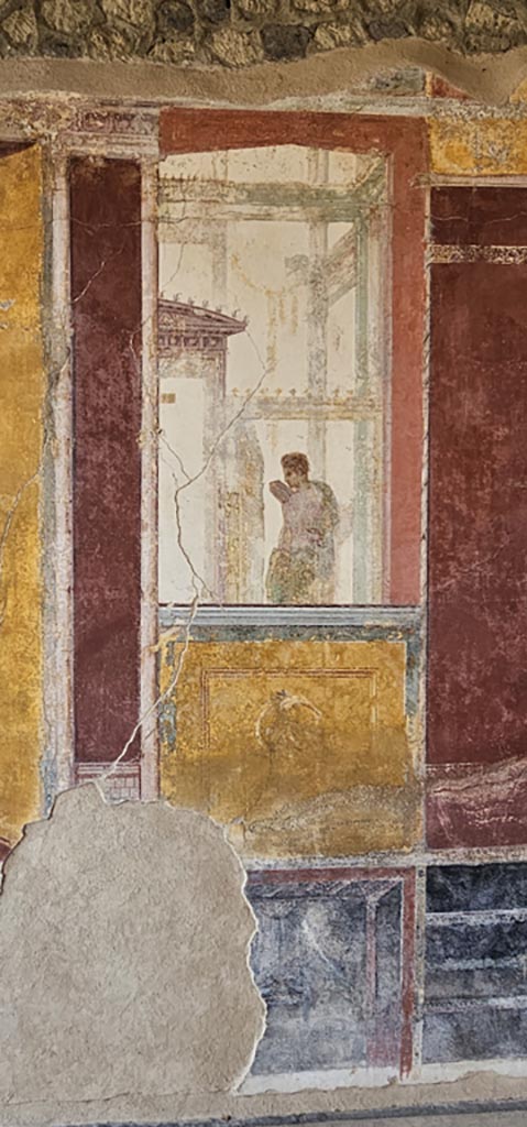 Stabiae, Villa Arianna, December 2023.
Room 7, painted panel from south end of east wall. Photo courtesy of Miriam Colomer.
