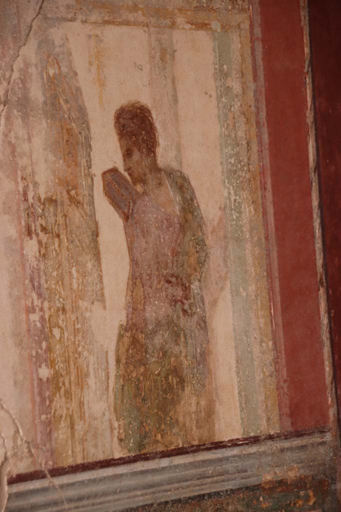 Stabiae, Villa Arianna, October 2020. 
Room 7, detail of painted figure from south end of east wall. Photo courtesy of Klaus Heese.
