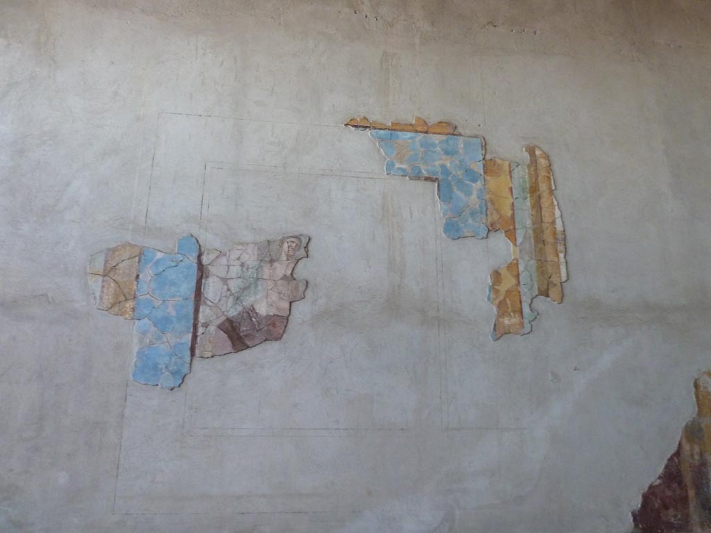 Stabiae, Villa Arianna, September 2015. Room 3, east wall.
According to the description board –
on the left wall the Hippolytus myth, represented by just a sitting female figure seen at the back (perhaps his stepmother Phaedra?) has survived.

