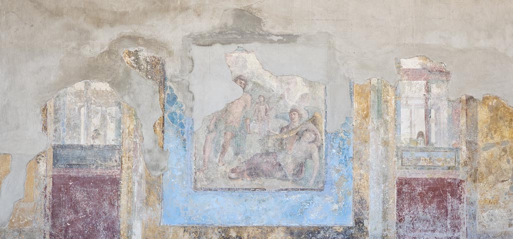 Stabiae, Villa Arianna, December 2023. Room 3, south wall of triclinium, central wall painting. Photo courtesy of Miriam Colomer.

