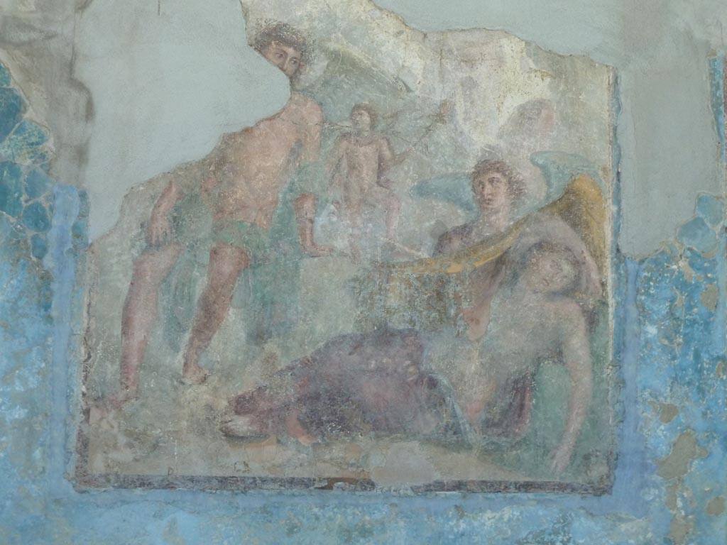 Stabiae, Villa Arianna, September 2015. Room 3, detail of central wall painting on south wall in triclinium.