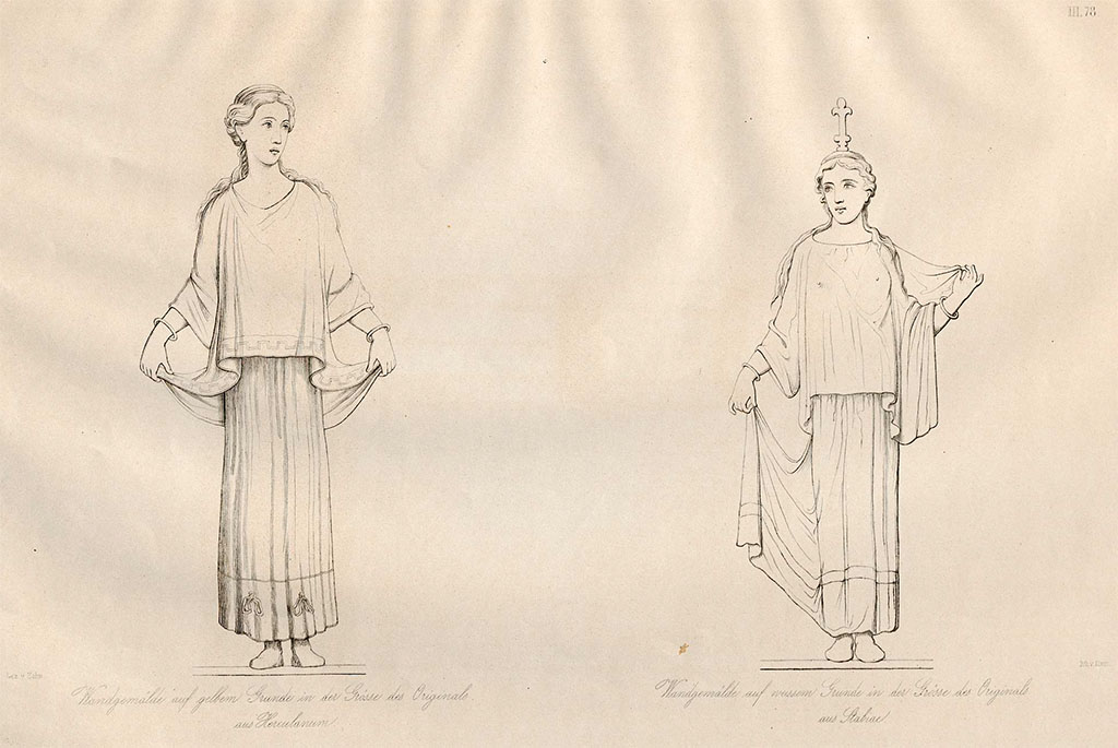 Stabiae, Villa Arianna, found 16th June 1759. Room W.28, drawing by Zahn showing a woman lifting the hem of her cloak, on left.
According to Zahn –
this drawing (drawn in Naples Museum, pre- November 1856) of the woman on a yellow background was from Herculaneum.
According to Grasso, Naples Museum and Pagano & Prisciandaro, above, this figure was found in Room W.28 of Villa Arianna.
Original fresco now in Naples Archaeological Museum, inventory number 8840.
The figure on the right, according to Zahn, was from Villa Arianna, room W.24 on a white background, found 16th July 1759.
Original fresco now in Naples Archaeological Museum, inventory number 8910.
See Zahn, W., 1828-29. Die schönsten Ornamente und merkwürdigsten Gemälde aus Pompeji, Herkulanum und Stabiae: I. Berlin: Reimer, taf. LXXVIII (no.78).
