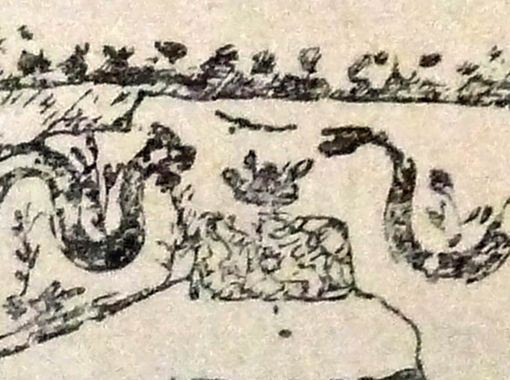 Pompeii Street Altar at I.8.1. Detail from drawing of rectangular altar with roughly painted marble pattern. 
The two serpents� heads can be seen over the offering on the altar.
