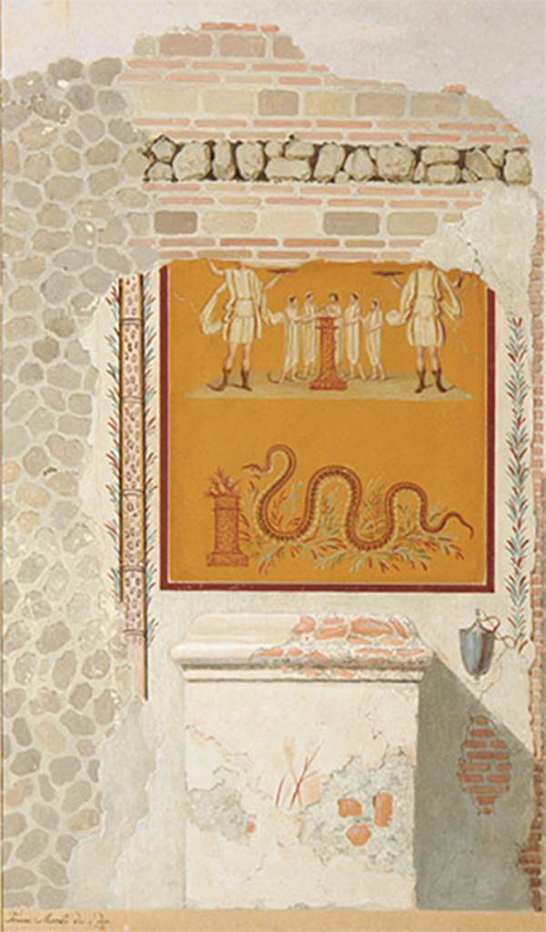IV.4.g Pompeii. Early 19th century painting by F. Morelli of street shrine between IV.4.f and IV.4.g.
Below is a masonry altar above which is a painting.
In the middle is a round altar with five small figures in long white tunics. 
The figure in the centre behind the altar is a tibicen. 
On either side are pairs of Vicomagistri with right arms outstretched to the altar.  
Two large Lares flank the scene, each with patera and rhyton. 
In the lower zone of the painting is a serpent approaching from the left to an altar with eggs and fruit on it.
Now in Naples Archaeological Museum. Inventory number ADS 574.
See Fr�hlich, T., 1991. Lararien und Fassadenbilder in den Vesuvst�dten. Mainz: von Zabern. (p.315, F24)
Photo � ICCD. http://www.catalogo.beniculturali.it
Utilizzabili alle condizioni della licenza Attribuzione - Non commerciale - Condividi allo stesso modo 2.5 Italia (CC BY-NC-SA 2.5 IT)