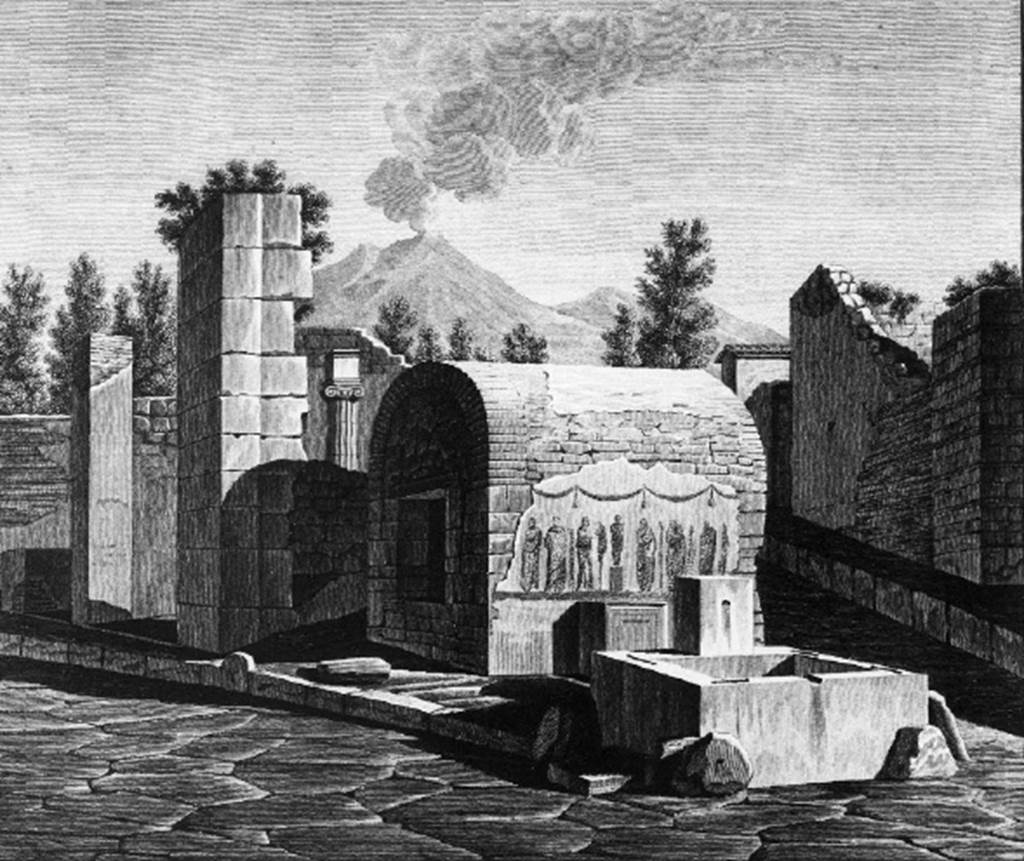 Pompeii. Street altar at VI.1.19. 1824. Drawing of altar and lararium painting with fountain and deep well. According to Fr�hlich, in the middle of the painting stood a base with a statue on it. On each side of the statue were three robed figures. Mazois says there were garlands above the figures. See Mazois, F., 1824. Les Ruines de Pompei: Second Partie. Paris: Firmin Didot. (p. 37. Pl 2,1). See Fr�hlich, T., 1991. Lararien und Fassadenbilder in den Vesuvst�dten. Mainz: von Zabern.