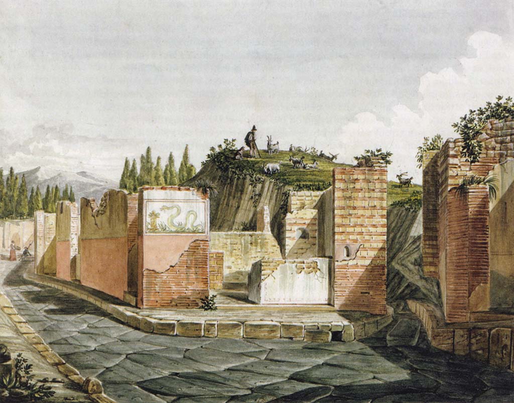 Pompeii Street Shrine at VI.4.1. 1824 painting showing fa�ade and shrine painting showing less remaining plaster than the painting of Fumagalli.
Mazois painting titled Autel dans un carrefour, et vue d'une rue.
Foto Taylor Lauritsen, ERC Grant 681269 D�COR.
See Mazois, F., 1824. Les Ruines de Pompei : Second Partie. Paris : Firmin Didot. (Pla. 6, fig. 2).


