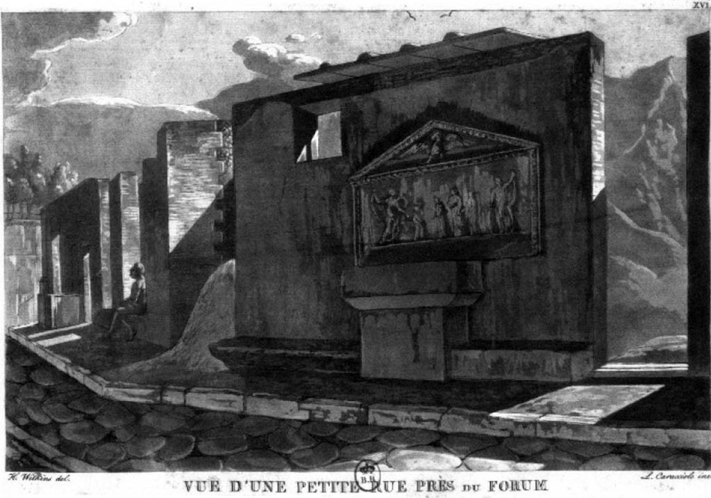VII.7.22 Pompeii. c.1819. Drawing by Wilkins, described as a �View of a small road near the Forum.�
Looking south on Vicolo dei Soprastanti towards altar with stucco relief above it.
See Wilkins H, Suite des Vues Pittoresque des ruines de Pompei, 1819, p. 15 e pl. XVI.
