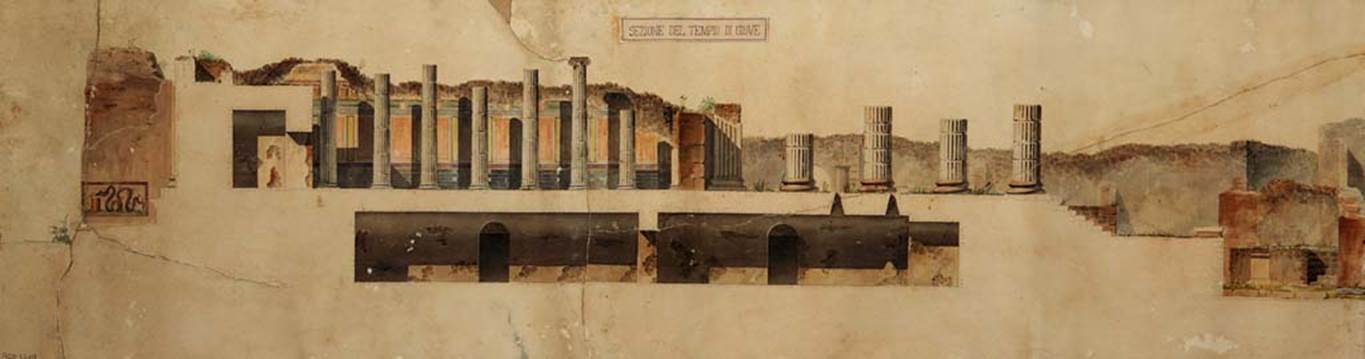 VII.8.1 Pompeii. Painting c.1843 by Pasquale Maria Veneri of a section of the Temple of Jupiter also showing only known representation of the lararium painting.
Now in Naples Archaeological Museum. Inventory number ADS1210.
Photo � ICCD. https://www.catalogo.beniculturali.it
Utilizzabili alle condizioni della licenza Attribuzione - Non commerciale - Condividi allo stesso modo 2.5 Italia (CC BY-NC-SA 2.5 IT)
