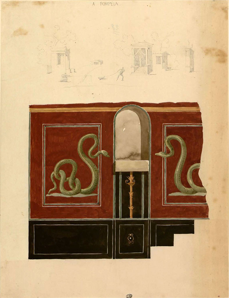 VII.9.42 Pompeii. Between 1823 and 1828, painting by F Duban of west wall with arched niche and serpents.
The pencil drawings above it, may or may not be from the Macellum, VII.9.7/8.
See Duban F. Album de dessins d'architecture effectu�s par F�lix Duban pendant son pensionnat � la Villa Medicis, entre 1823 et 1828 : Tome 2, Pomp�i, pl. 41.
INHA Identifiant num�rique NUM PC 40425 (2)
https://bibliotheque-numerique.inha.fr/idurl/1/7157  � Licence Ouverte / Open Licence � Etalab
