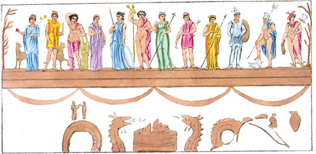 Painted street shrine to twelve gods on corner of insula at VIII.3.11. 1852 painting of twelve gods from Pompeiana by Gell and Gandy.
Gell names them from the left as Juno, Diana, Apollo, Vesta, Minerva, Jupiter, Venus, Vulcan, C�r�s, Mars, Neptune and Mercury.
He states, �Juno has the pomegranate and the blue robe� and �The hair of Venus is different from the rest and her greenish robe more transparent�.
The naming of these two goddesses is the opposite of that put forward by Roux.
Gell identifies the two small figures underneath as �the genii loci�
See Gell, W. and Gandy, J., 1852. Pompeiana: Third Edition. London: Bohn. (p. 198-9, T:77)
Helbig refers to this as very misrepresented and better by A d J 1850.
See Helbig, W., 1868. Wandgem�lde der vom Vesuv versch�tteten St�dte Campaniens. Leipzig: Breitkopf und H�rtel. (7)
